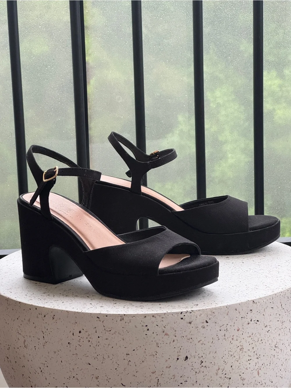 Chinese Laundry Black Platform Block Heel Sandals with Ankle Strap